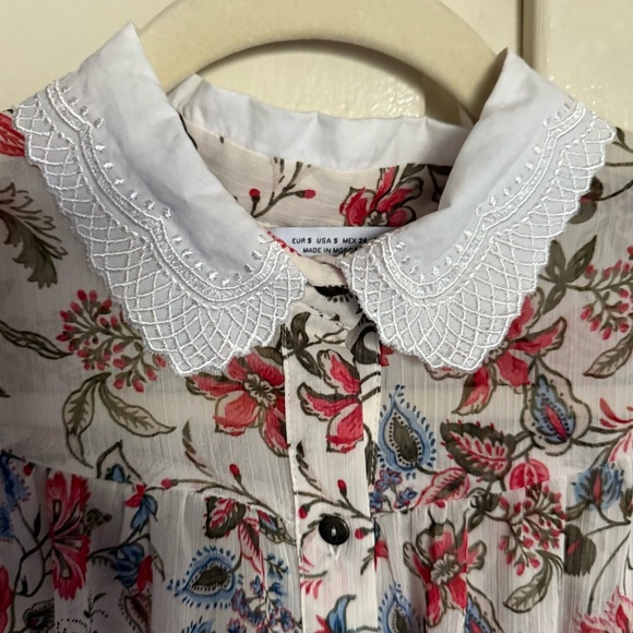 Zara Sheer Long Sleeve Floral White Collar Button Down Blouse Top Size Small - Picture 2 of 12